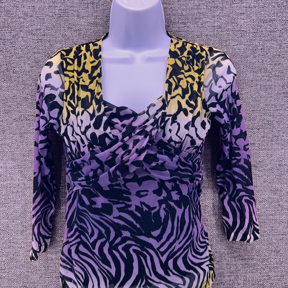 Babydoll Top Petite Small‎ Purple Yellow Animal Print Mesh Sheer Y2k Vintage - Picture 1 of 14